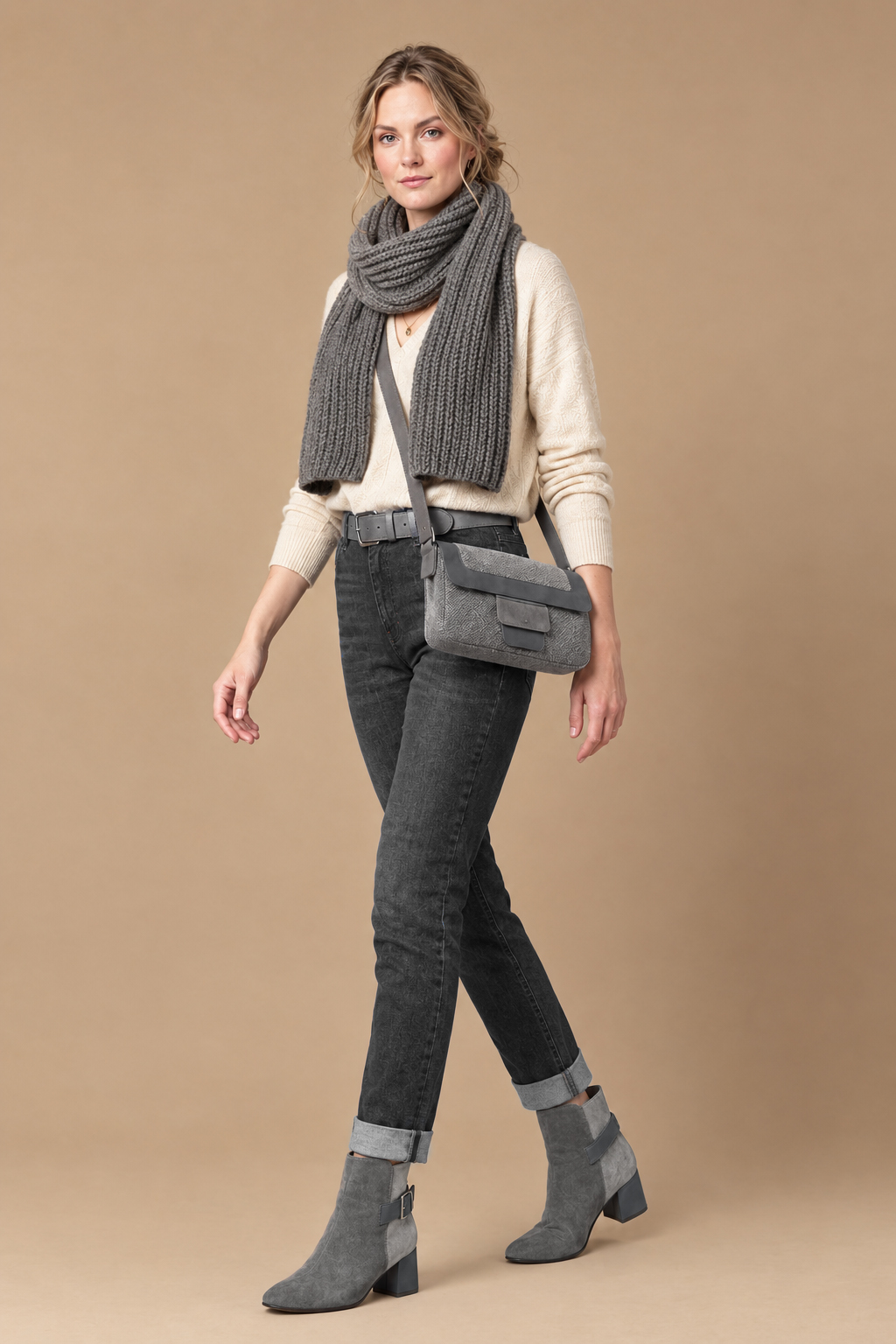 Women's slate gray and dove gray back-buckle ankle boots with square toe and mid block heel - Top view